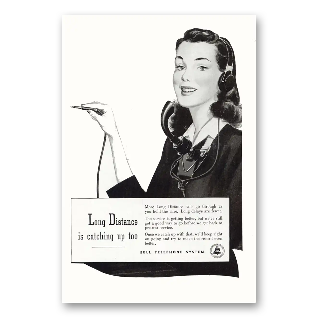 1946 Bell Telephone Long Distance is Catching Up Vintage Magazine Print Ad