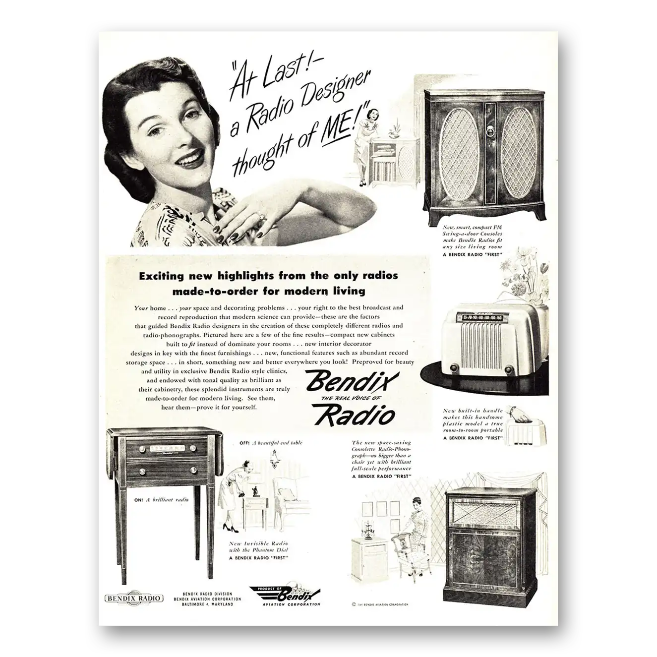 1946 Bendix Radio At Last a Radio Designer Thought of Me Vintage Magazine Print Ad