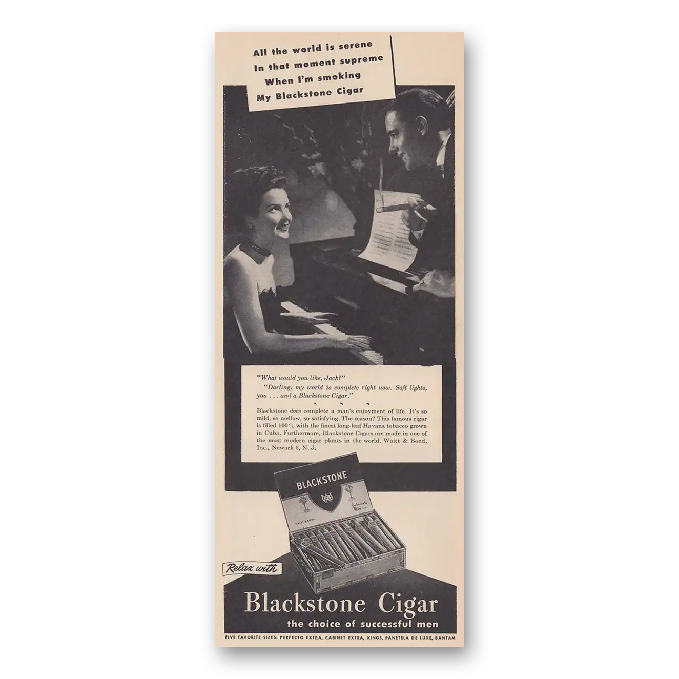 1946 Blackstone Cigars All the World Is Serene Vintage Magazine Print Ad