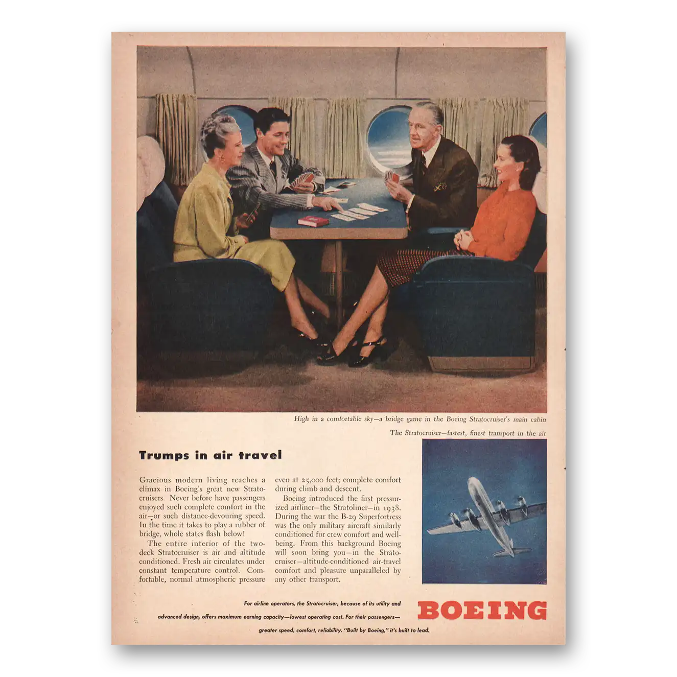 1946 Boeing Stratocruiser Trumps In Air Travel Main Cabin Vintage Magazine Print Ad