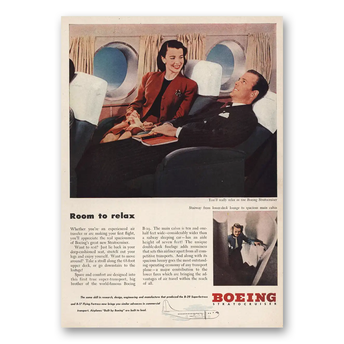 1946 Boeing Stratocruiser Stratocruiser Room to Relax Vintage Magazine Print Ad