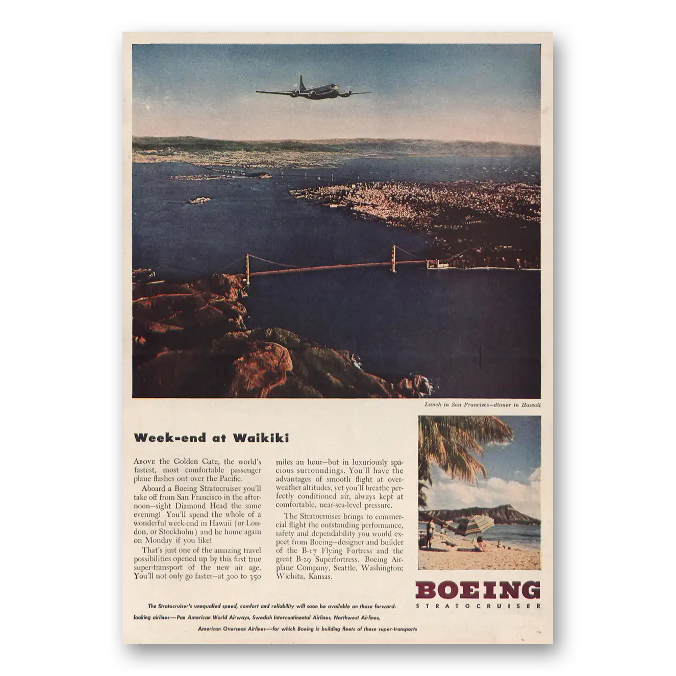 1946 Boeing Stratocruiser Week End at Waikiki Vintage Magazine Print Ad