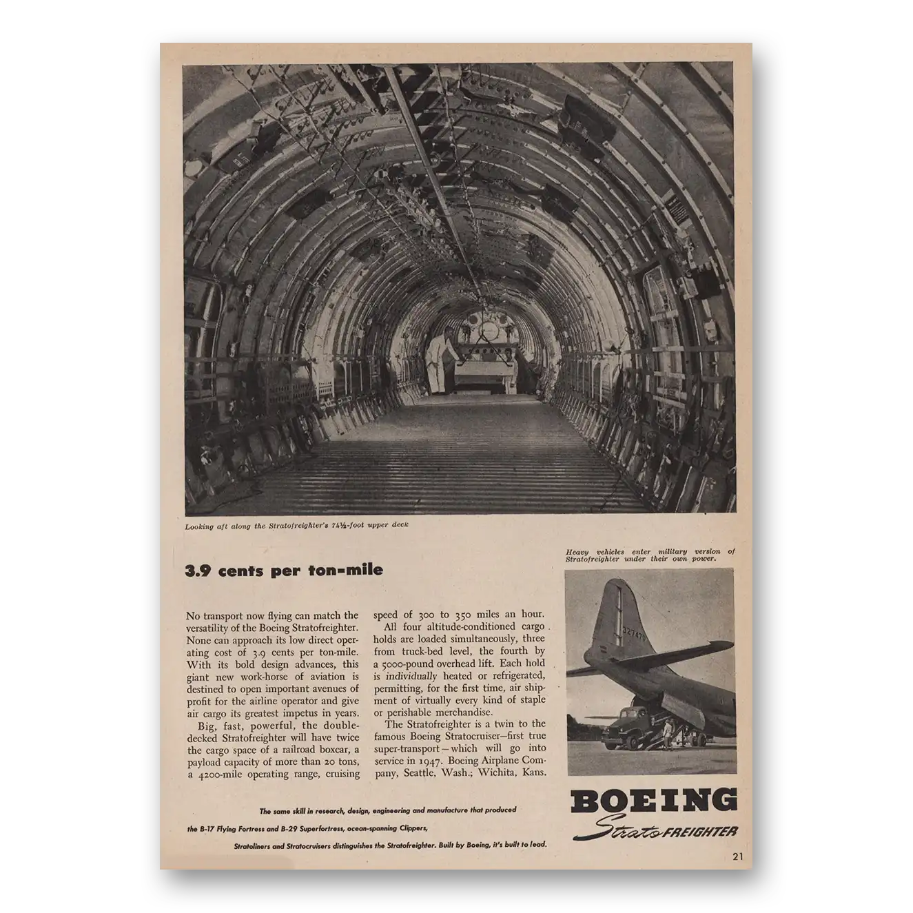 1946 Boeing Cents Per Ton Mile Vintage Magazine Print Ad