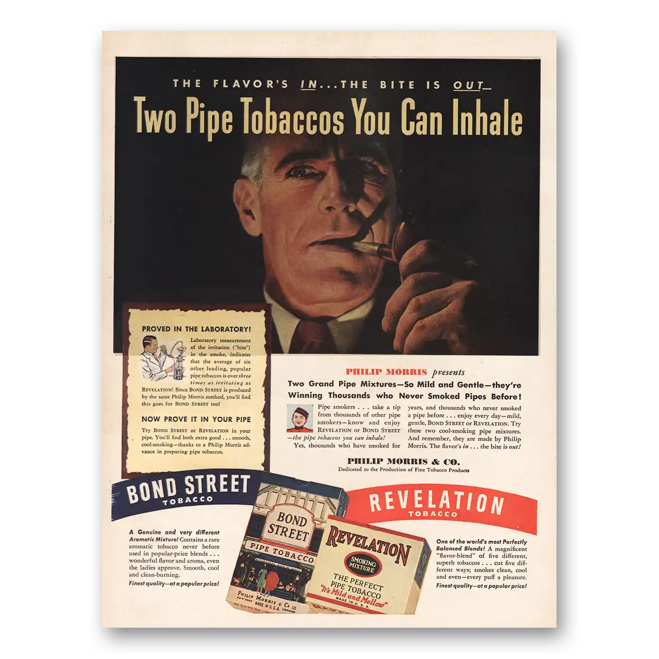 1946 Bond Street Tobacco Two Pipe Tobaccos You Can Inhale Vintage Magazine Print Ad