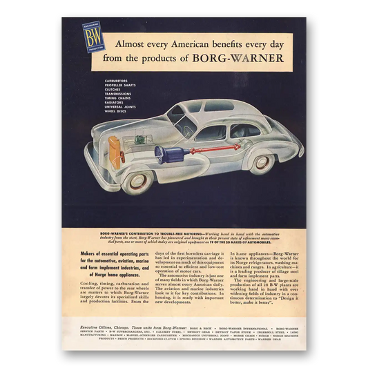 1946 Borg-Warner Trouble Free Motoring Vintage Magazine Print Ad