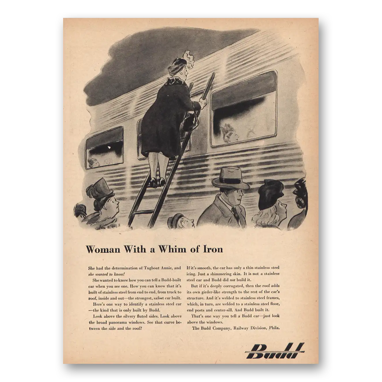 1946 Budd Woman With a Whim of Iron Vintage Magazine Print Ad