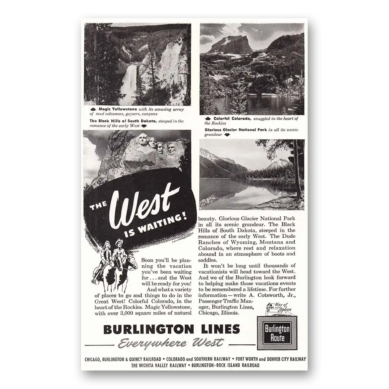 1946 Burlington Route West is Waiting Yellowstone Vintage Magazine Print Ad