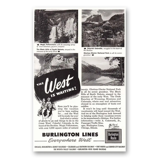 1946 Burlington Route West is Waiting Yellowstone Vintage Magazine Print Ad