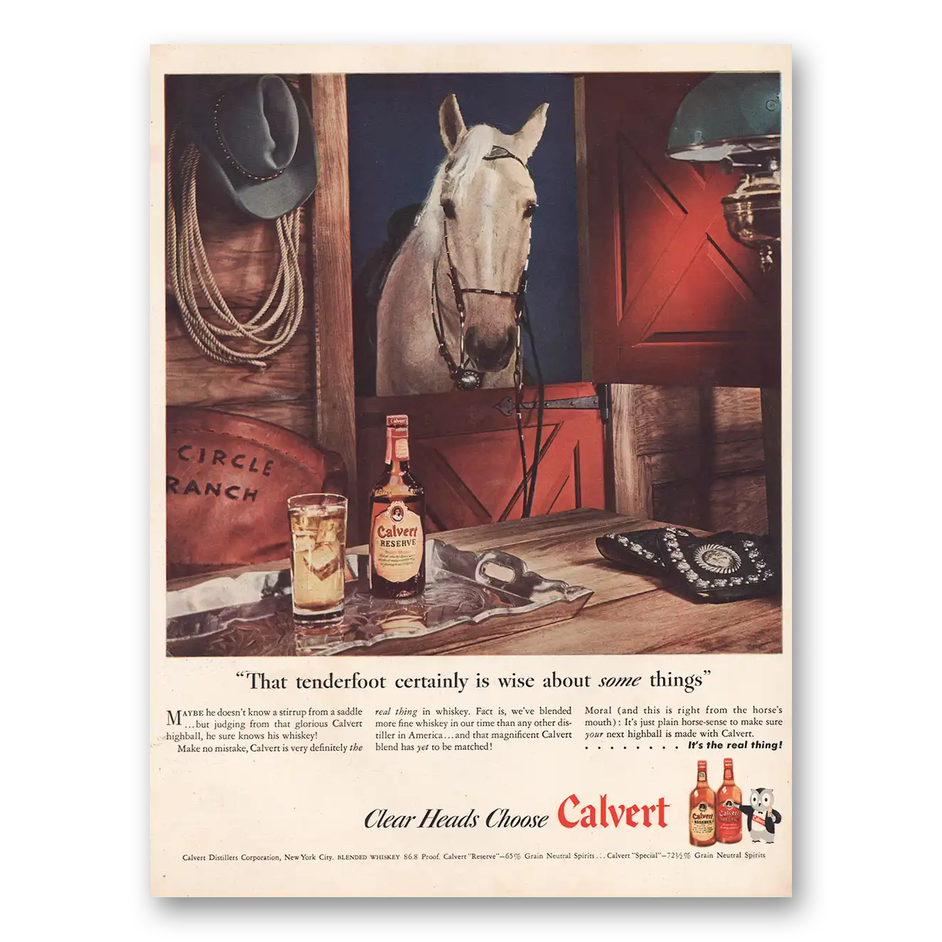 1946 Calvert Reserve Tenderfoot Certainly Is Wise Vintage Magazine Print Ad