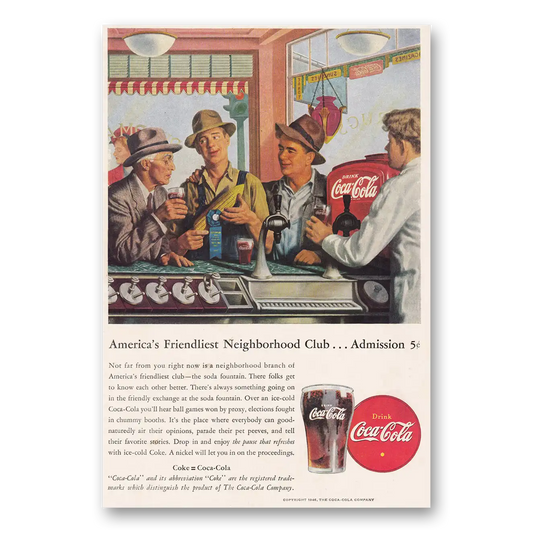 1946 Coca Cola Americas Friendliest Neighborhood Club Vintage Magazine Print Ad