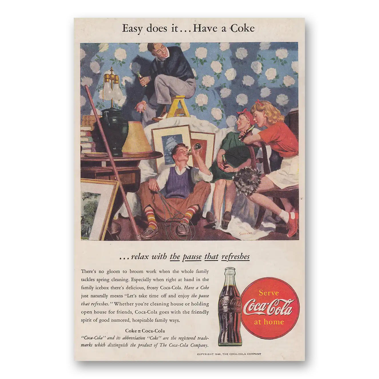 1946 Coca Cola Theres No Gloom to Broom Work Vintage Magazine Print Ad