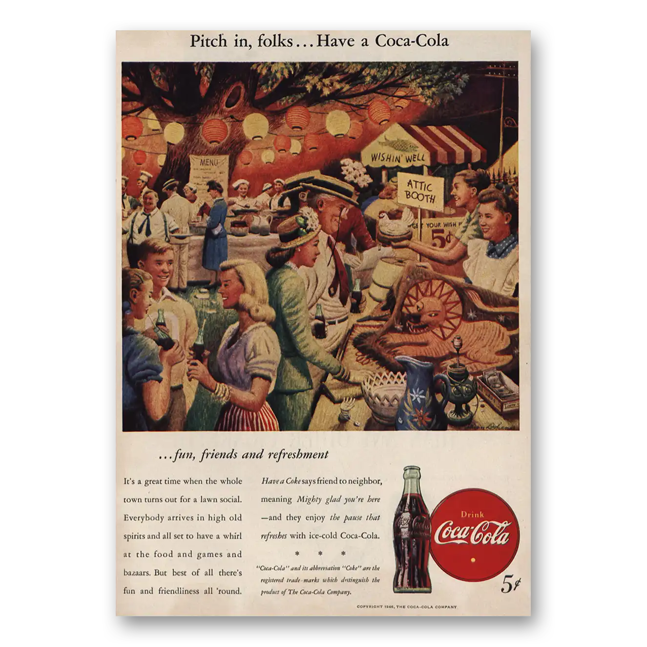 1946 Coca Cola Pitch In Folks Wishin Well Vintage Magazine Print Ad