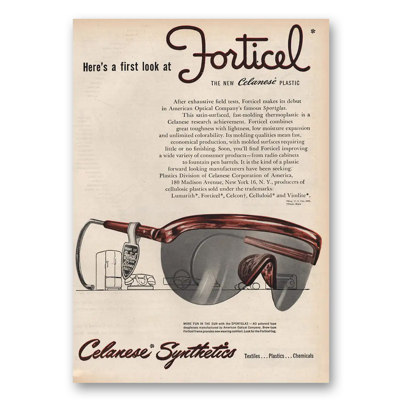 1946 Celanese Synthetics Forticel Sportglas Vintage Magazine Print Ad