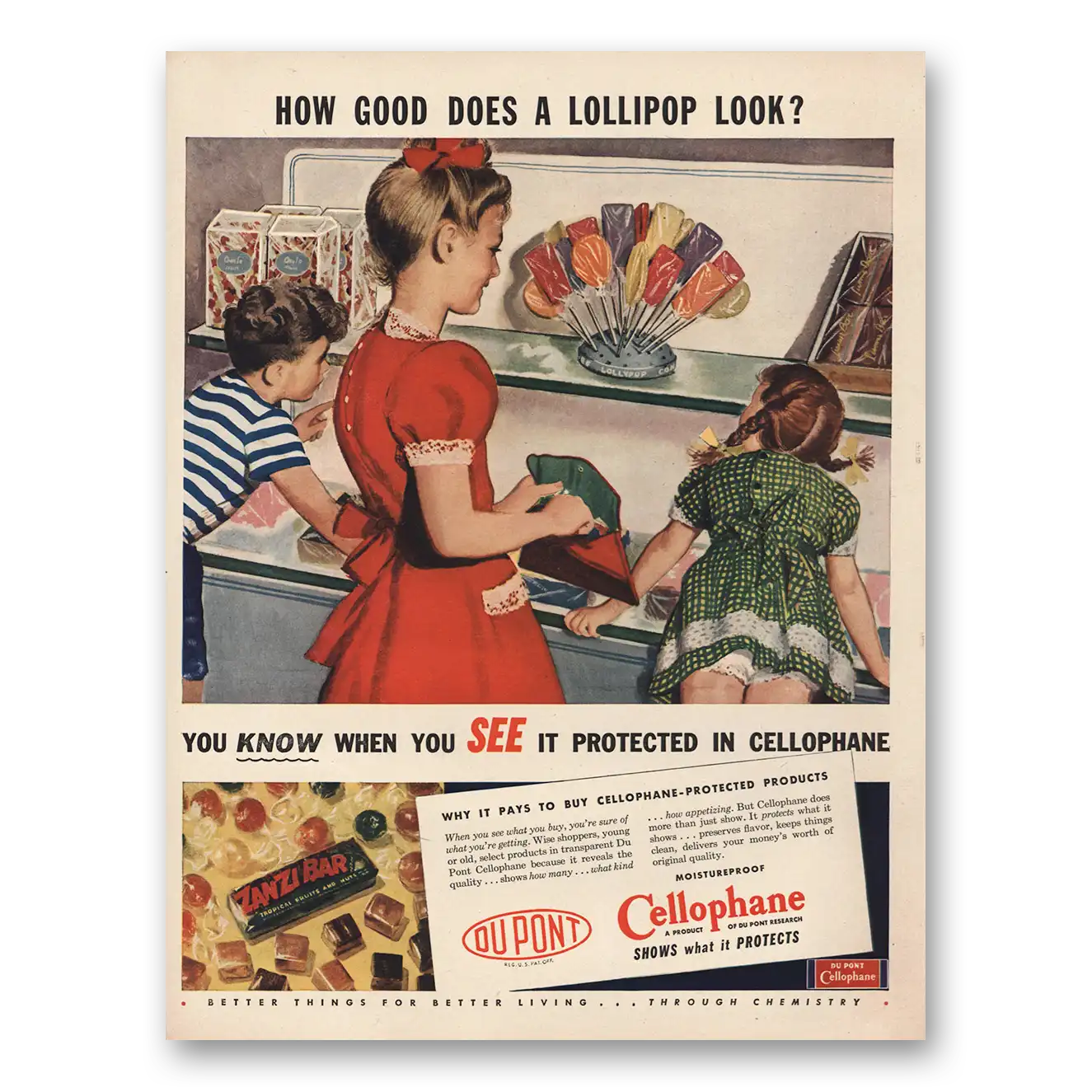 1946 DuPont Cellophane How Good Does a Lollipop Look Vintage Magazine Print Ad