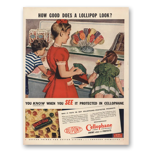 1946 DuPont Cellophane How Good Does a Lollipop Look Vintage Magazine Print Ad