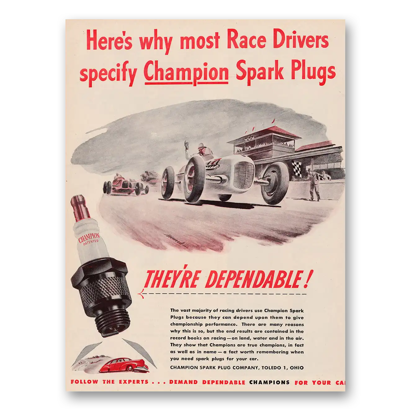 1946 Champion Spark Plugs Most Race Drivers Vintage Magazine Print Ad