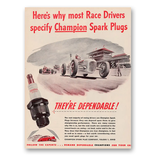 1946 Champion Spark Plugs Most Race Drivers Vintage Magazine Print Ad