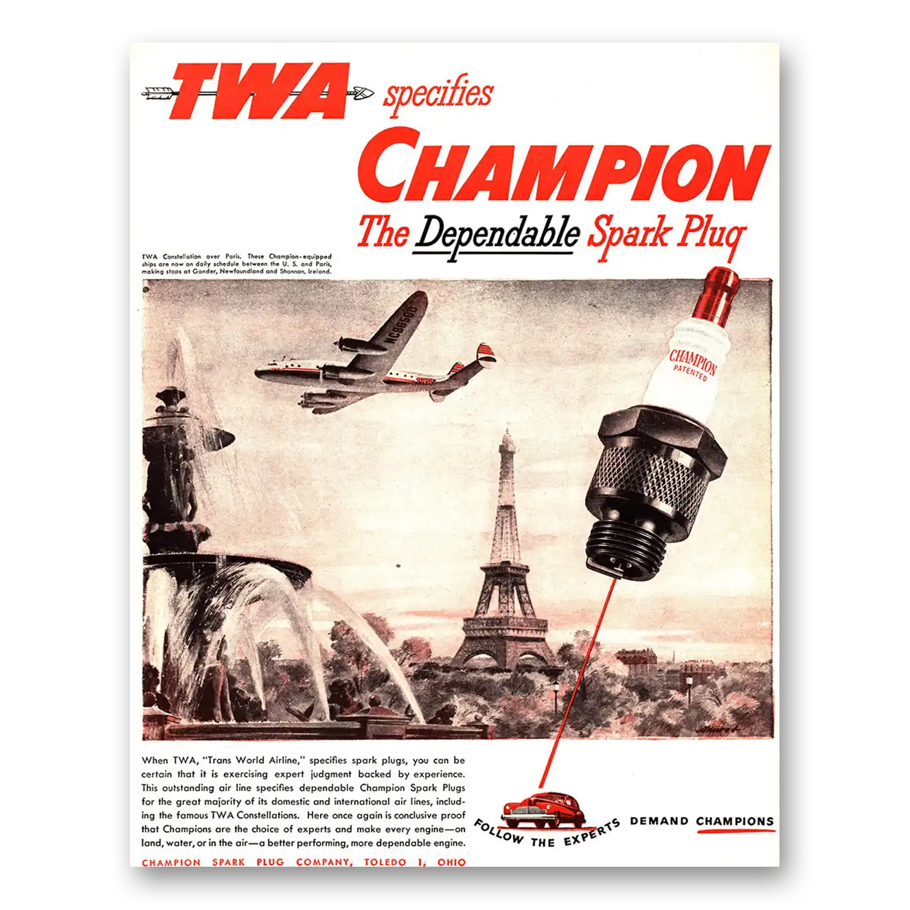 1946 Champion Spark Plugs When TWA Specifies Vintage Magazine Print Ad