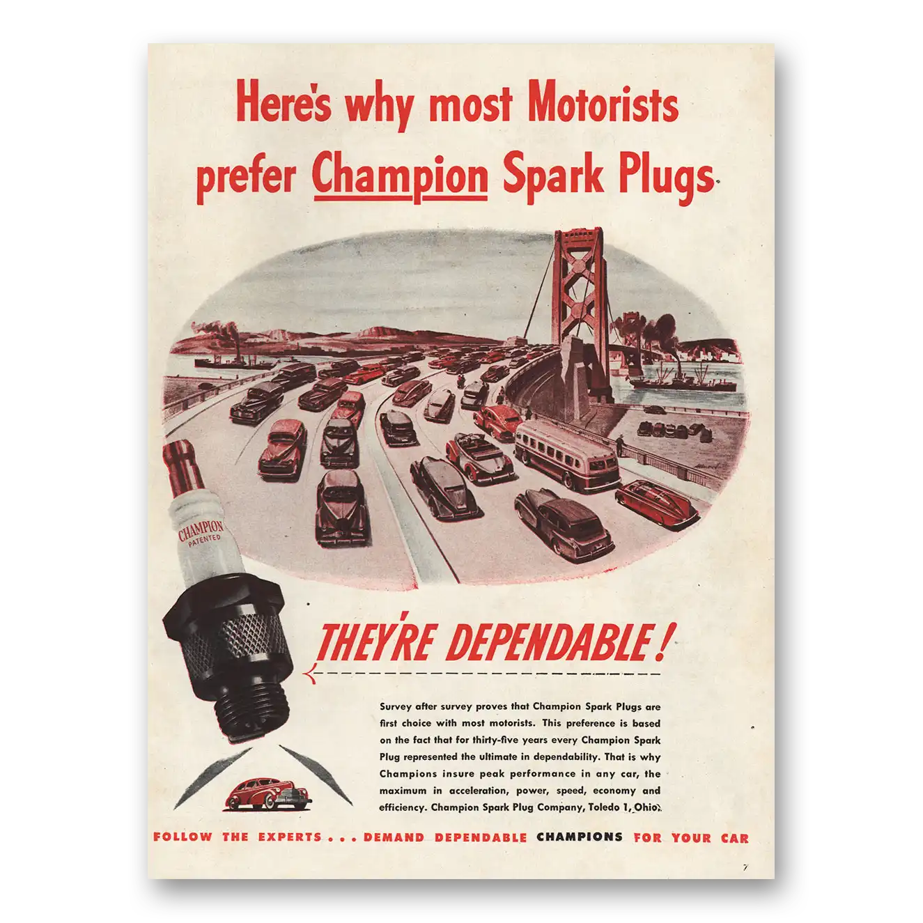 1946 Champion Spark Plugs Most Motorists Prefer Bridge Vintage Magazine Print Ad