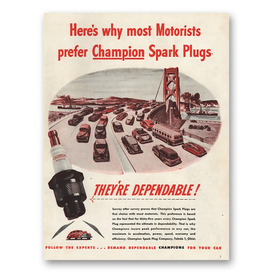 1946 Champion Spark Plugs Most Motorists Prefer Bridge Vintage Magazine Print Ad