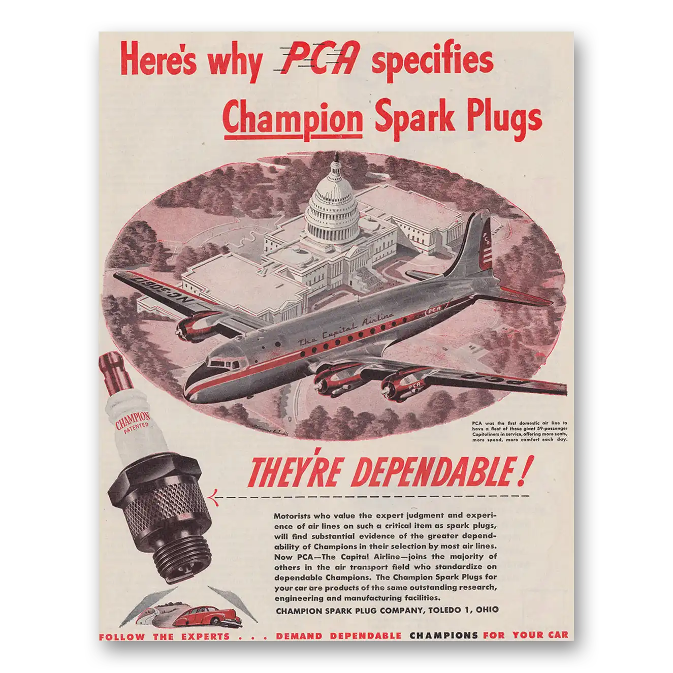 1946 Champion Spark Plugs PCA Specifies Vintage Magazine Print Ad