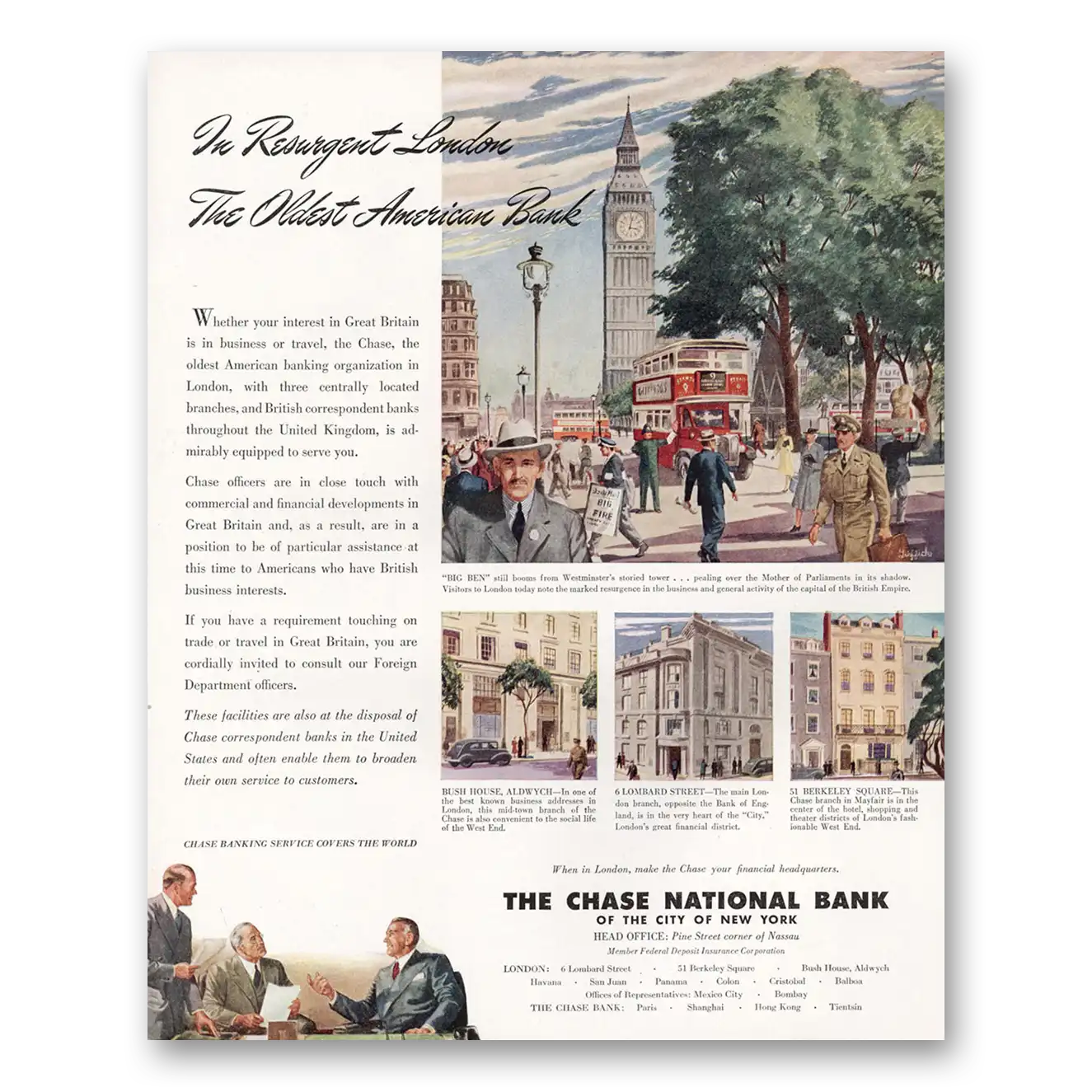 1946 Chase National Bank Resurgent London Vintage Magazine Print Ad