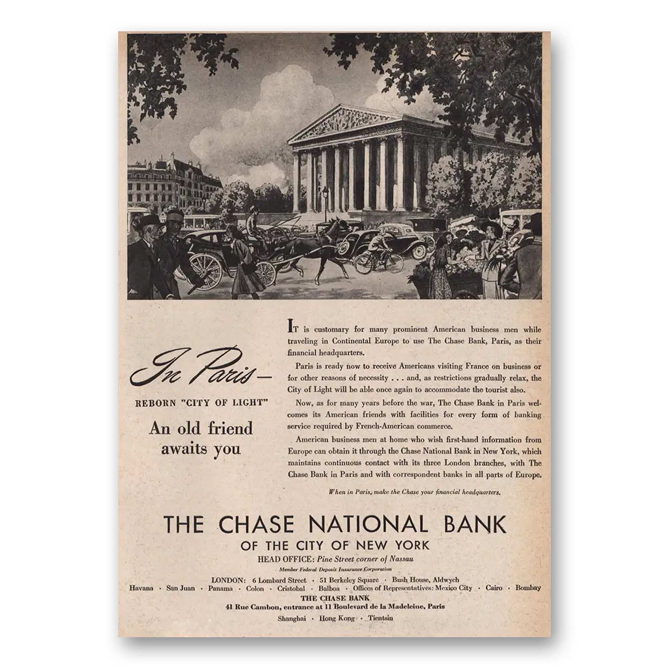 1946 Chase National Bank Paris City of Light Vintage Magazine Print Ad