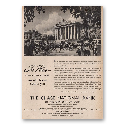 1946 Chase National Bank Paris City of Light Vintage Magazine Print Ad