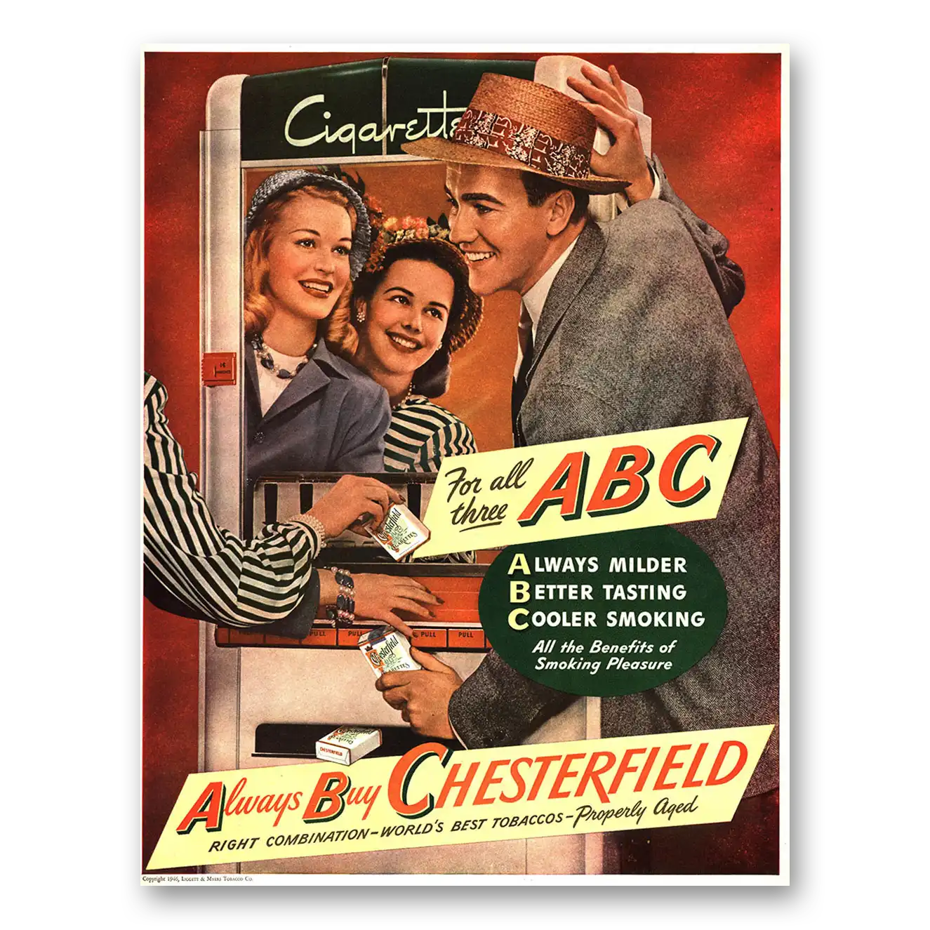 1946 Chesterfield Cigarettes For All Three ABC Vintage Magazine Print Ad