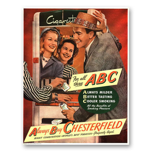 1946 Chesterfield Cigarettes For All Three ABC Vintage Magazine Print Ad