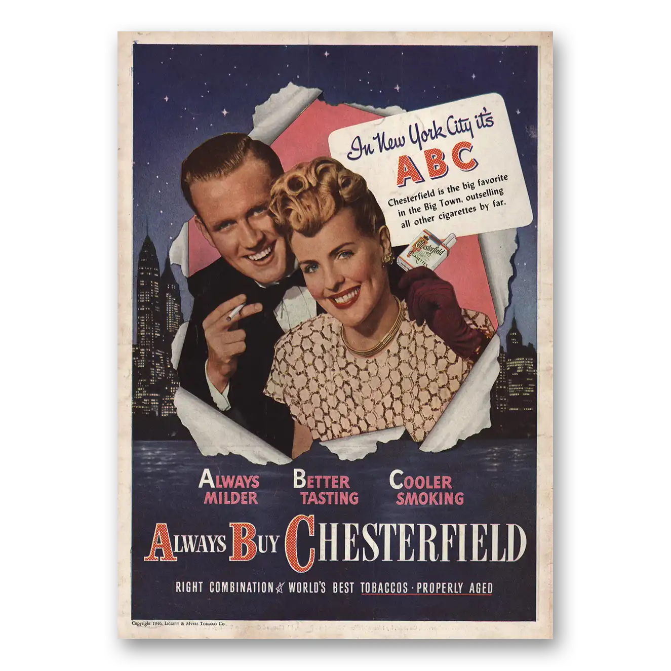 1946 Chesterfield Cigarettes New York City Its ABC Vintage Magazine Print Ad