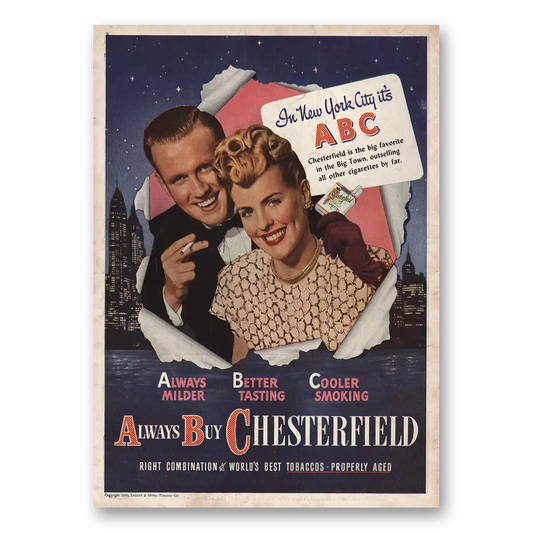 1946 Chesterfield Cigarettes New York City Its ABC Vintage Magazine Print Ad