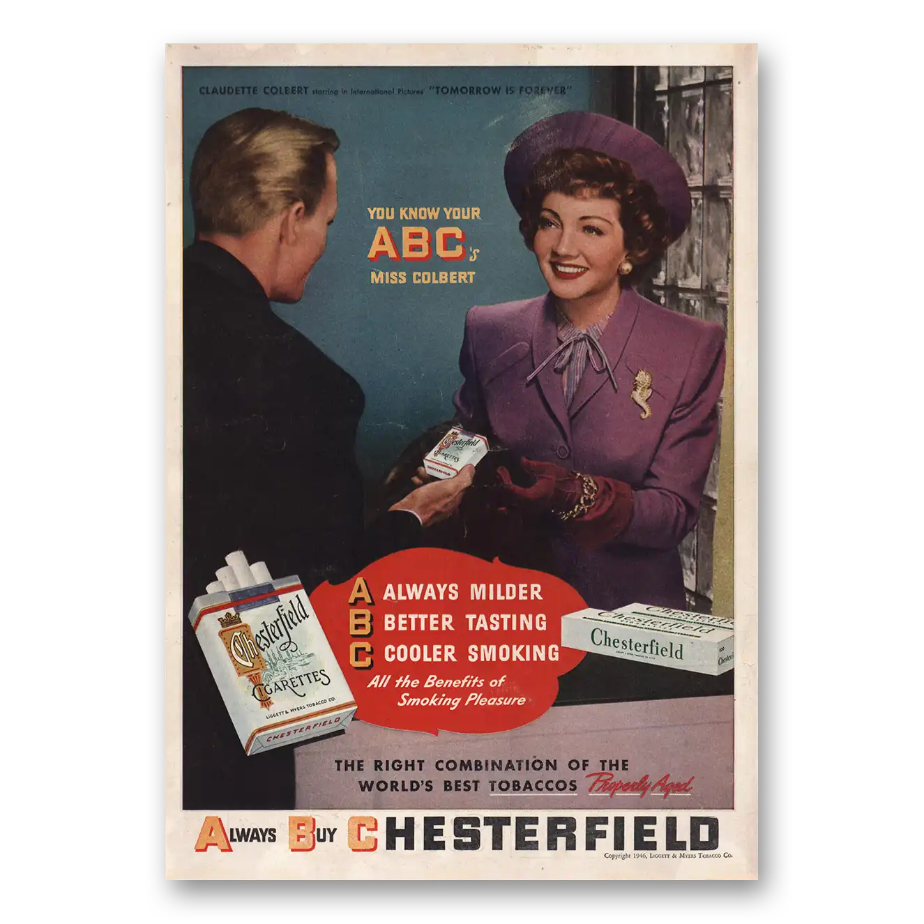 1946 Chesterfield Cigarettes Claudette Colbert Vintage Magazine Print Ad