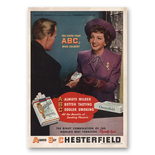 1946 Chesterfield Cigarettes Claudette Colbert Vintage Magazine Print Ad