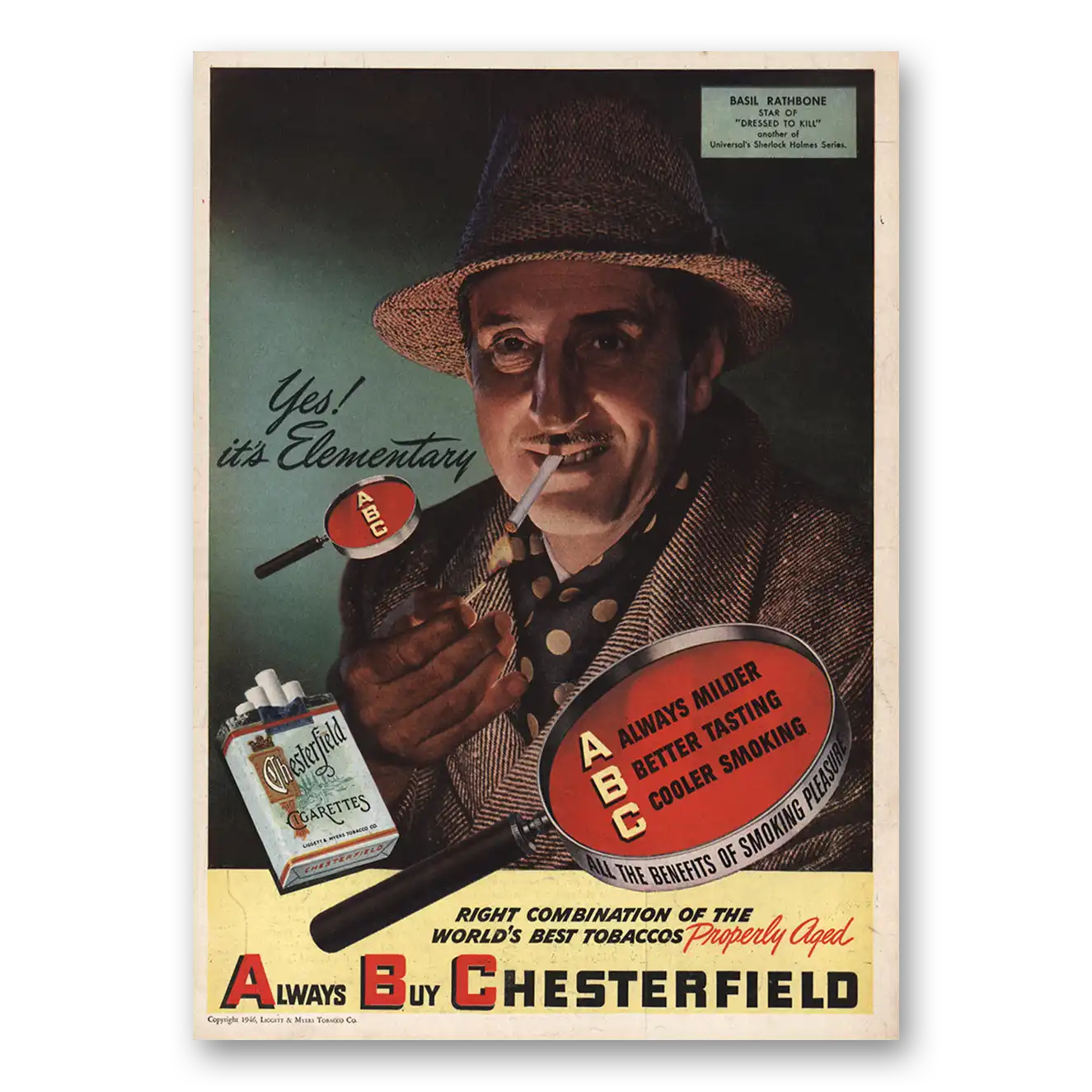 1946 Chesterfield Cigarettes Yes Its Elementary Basil Rathbone Vintage Magazine Print Ad