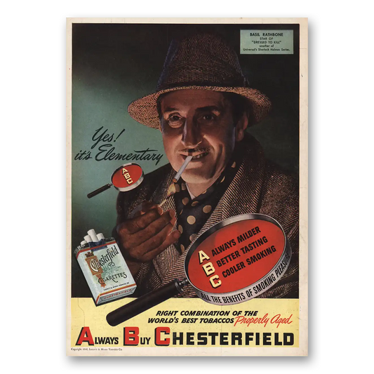 1946 Chesterfield Cigarettes Yes Its Elementary Basil Rathbone Vintage Magazine Print Ad