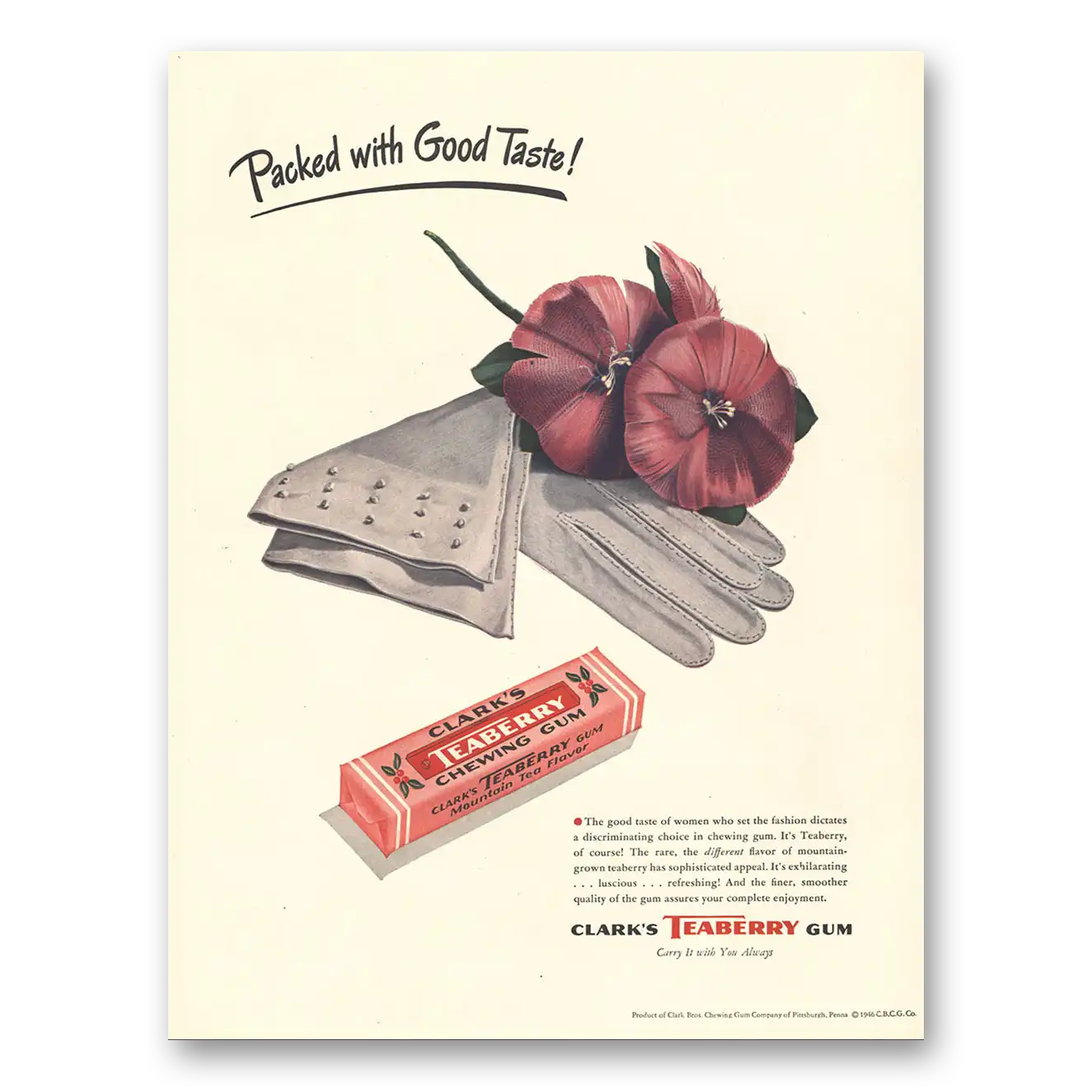 1946 Clarks Gum Clarks Teaberry Chewing Gum Packed With Good Taste Vintage Magazine Print Ad