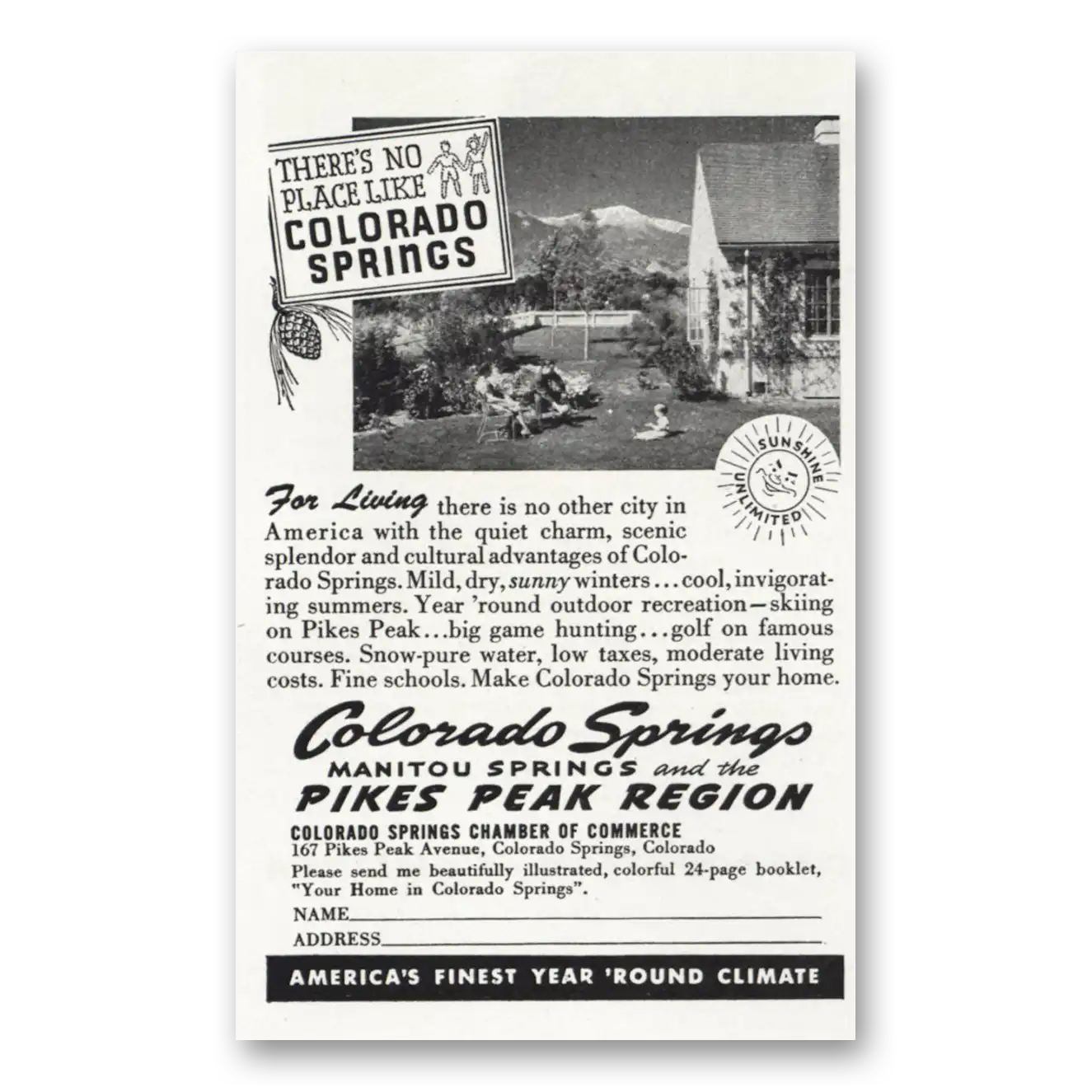 1946 Colorado Colorado Springs Pikes Peak Region No Place Like Vintage Magazine Print Ad