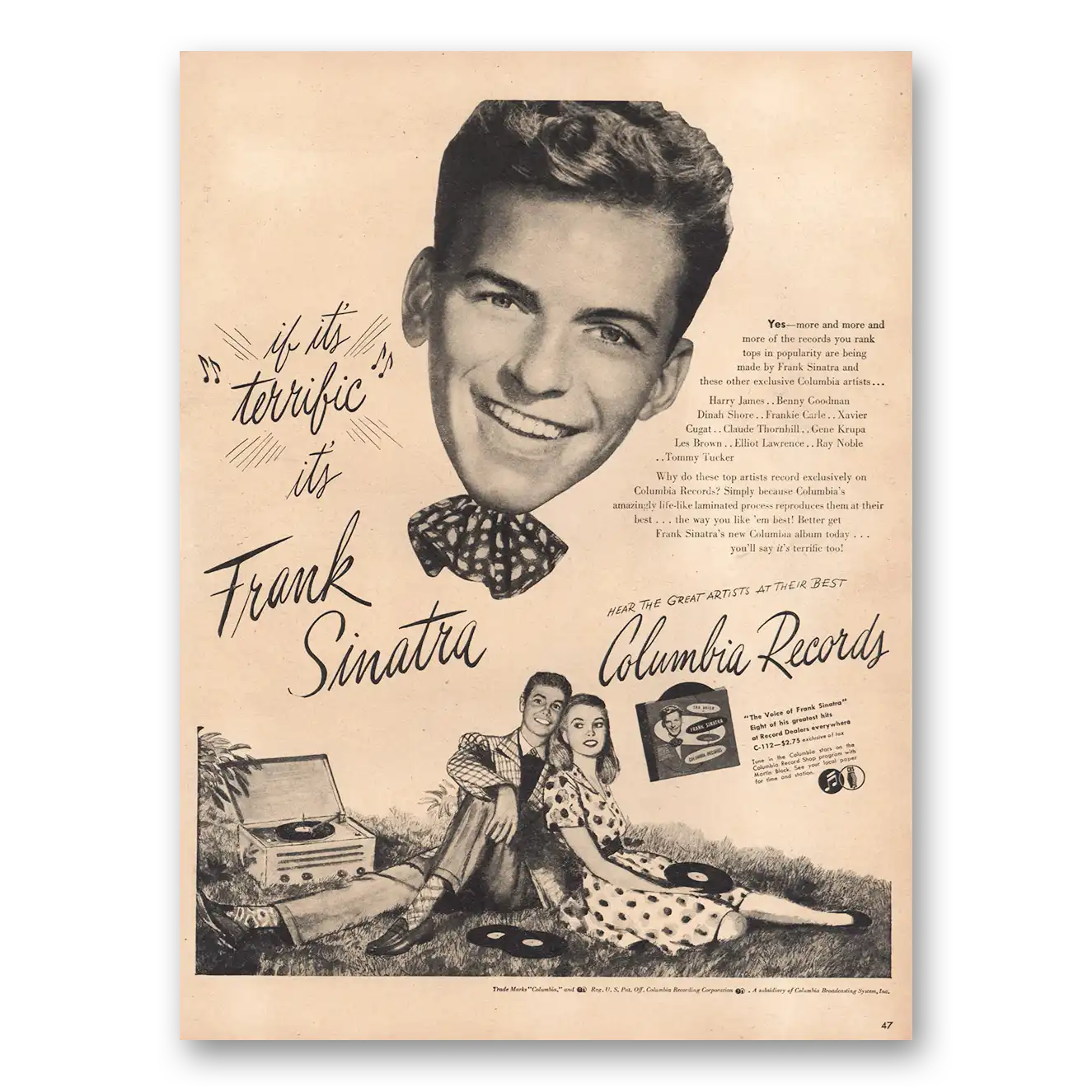 1946 Frank Sinatra Promo Terrific Its Frank Sinatra Vintage Magazine Print Ad