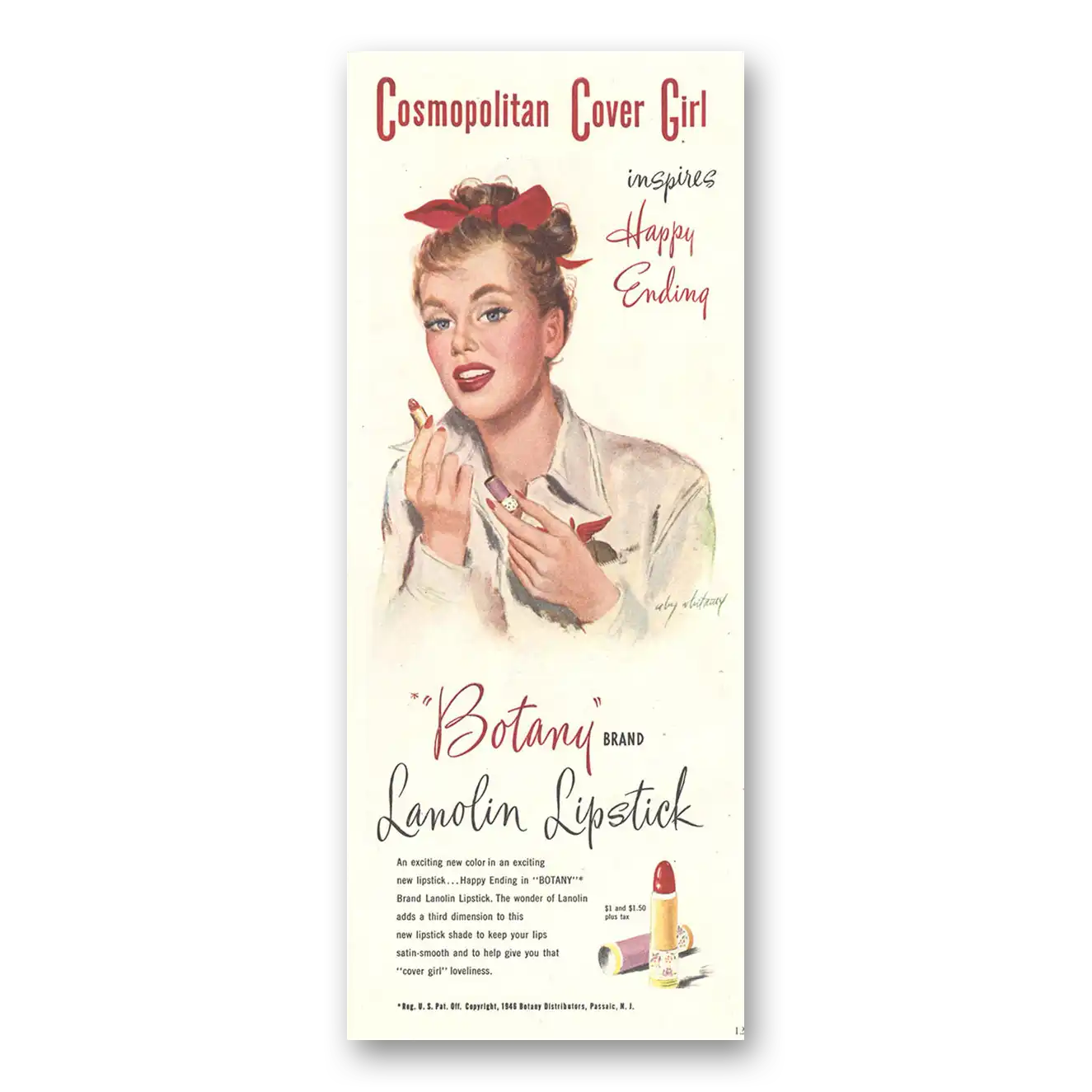 1946 Botany Brand Lanolin Lipstick Cosmopolitan Cover Vintage Magazine Print Ad