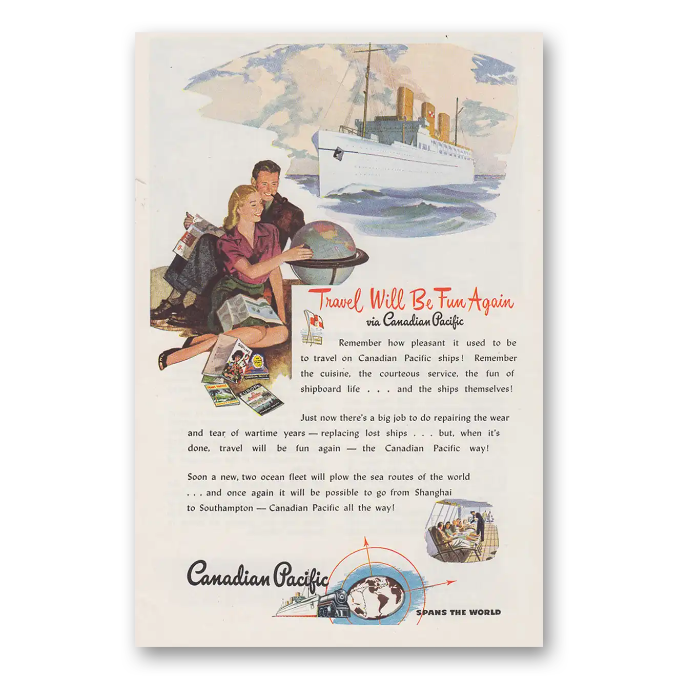 1946 Canadian Pacific Travel Will Be Fun Again Vintage Magazine Print Ad