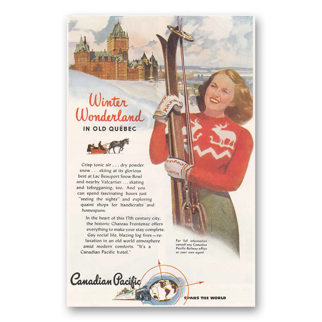 1946 Canadian Pacific Skiing Winter Wonderland Vintage Magazine Print Ad