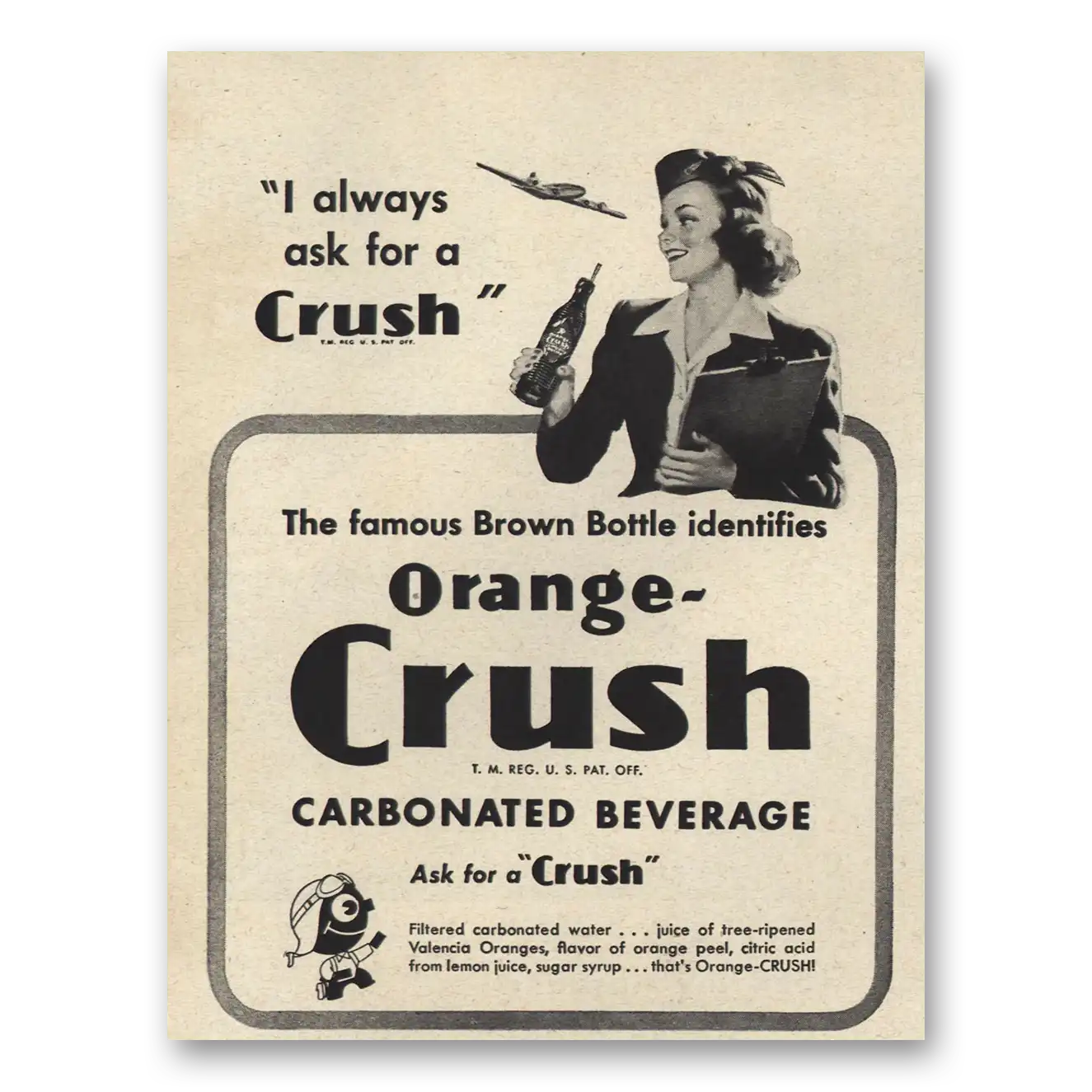 1946 Orange Crush I Always Ask Stewardess Vintage Magazine Print Ad