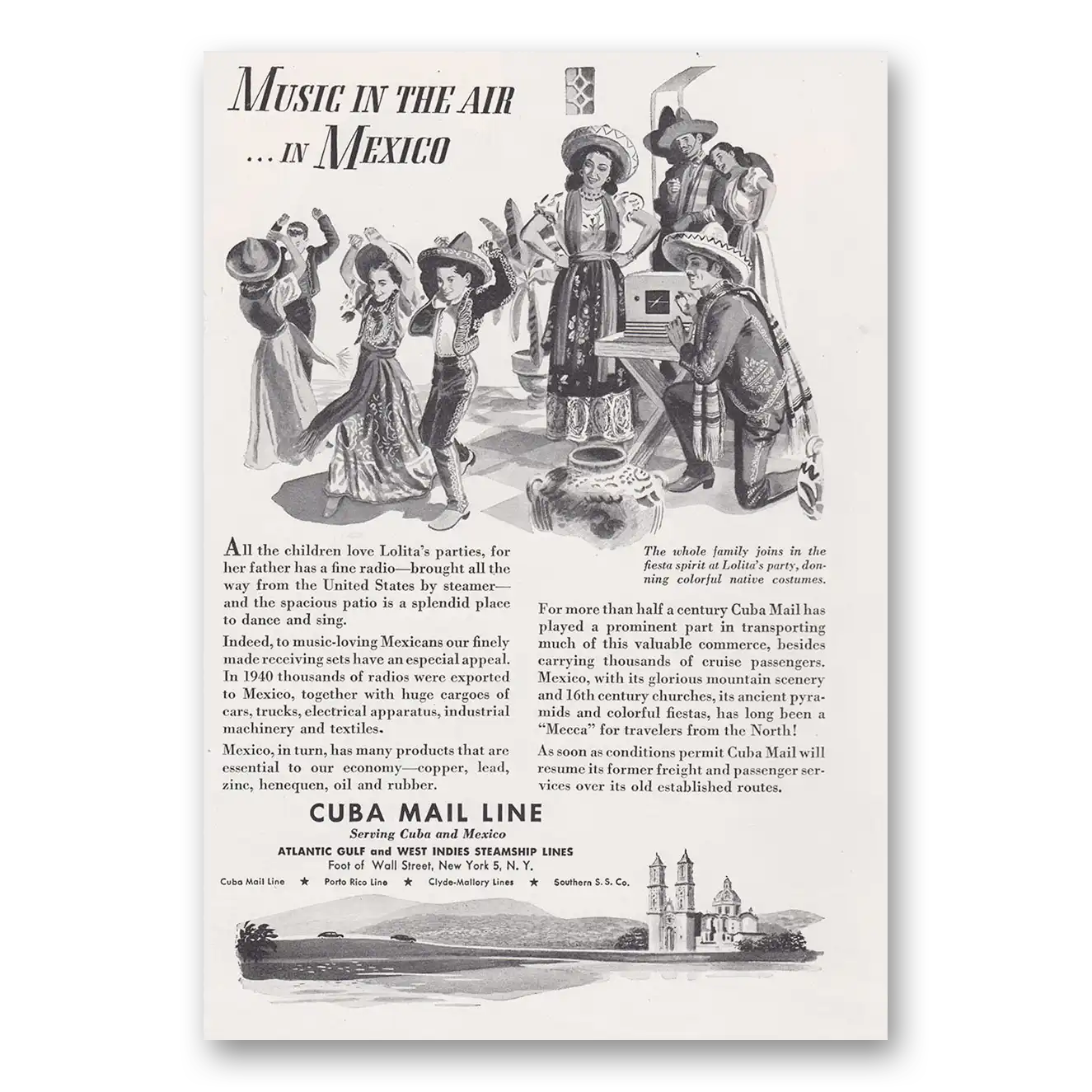 1946 Cuba Mail Line Music In the Air In Mexico Vintage Magazine Print Ad