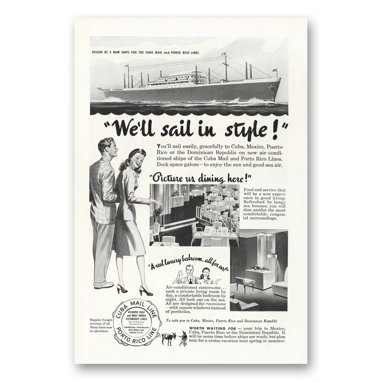 1946 Cuba Mail Line Sail in Style Vintage Magazine Print Ad