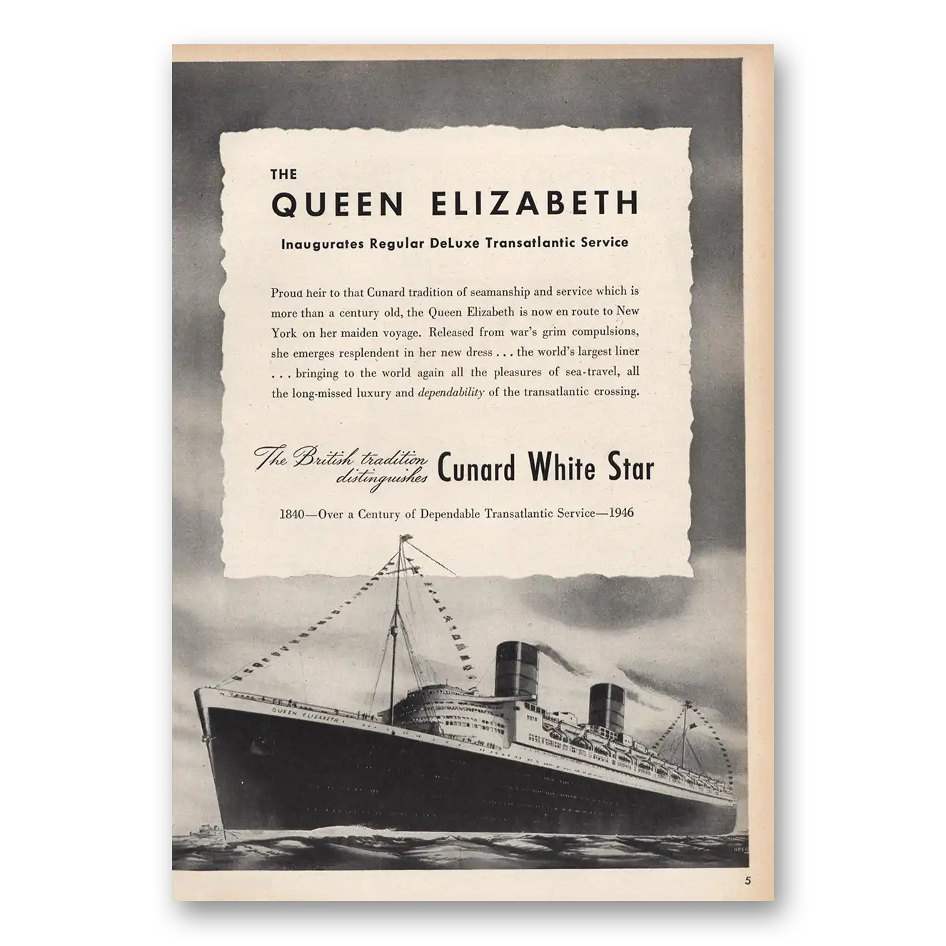 1946 Cunard White Star Queen Elizabeth Vintage Magazine Print Ad