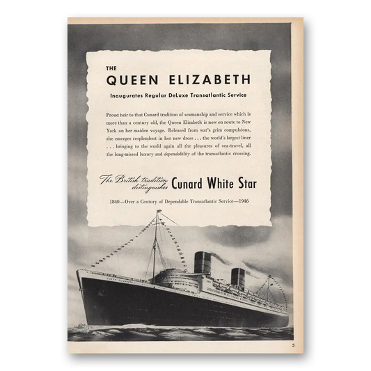 1946 Cunard White Star Queen Elizabeth Vintage Magazine Print Ad