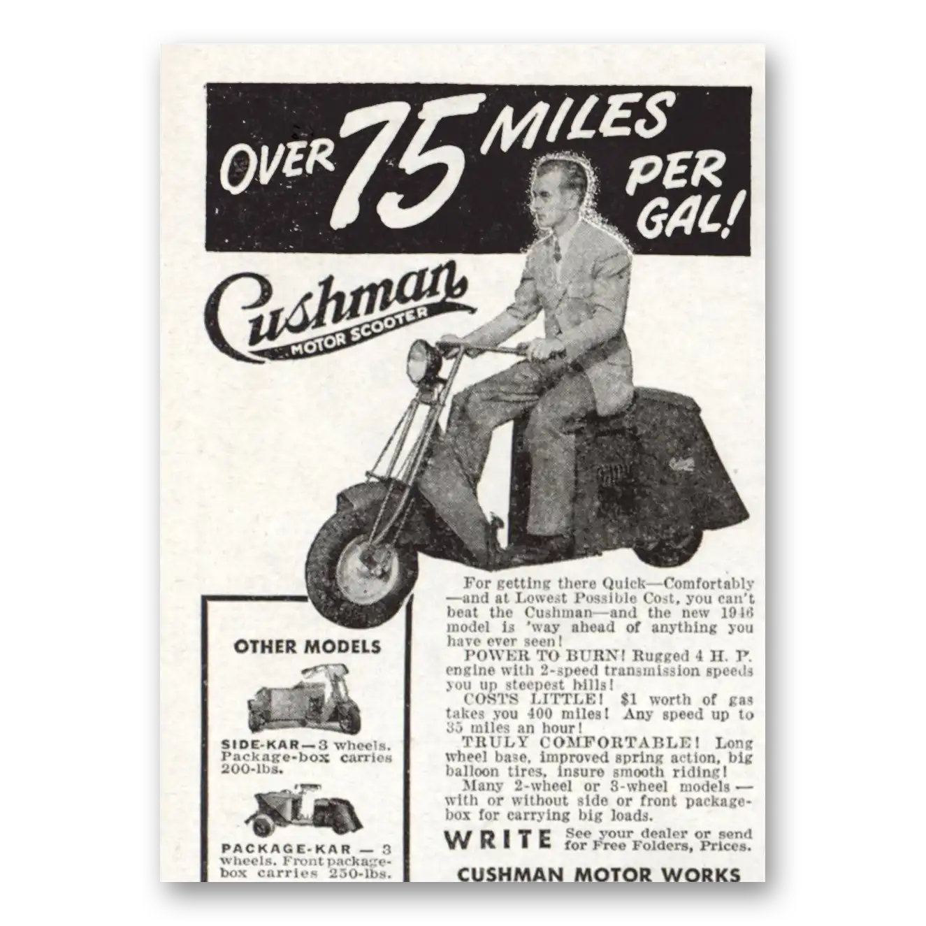 1946 Cushman Motors Over 75 Miles Per Gal Vintage Magazine Print Ad