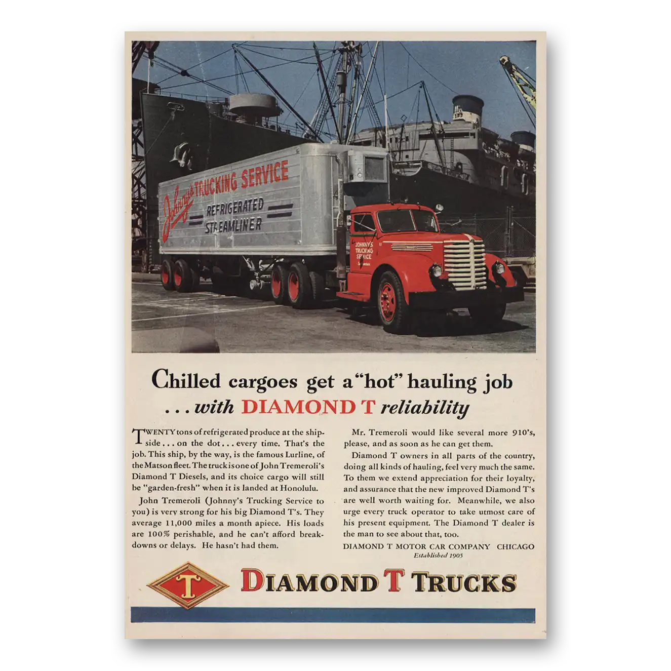 1946 Diamond T Trucks Chilled Cargoes Johnnys Trucking Vintage Magazine Print Ad