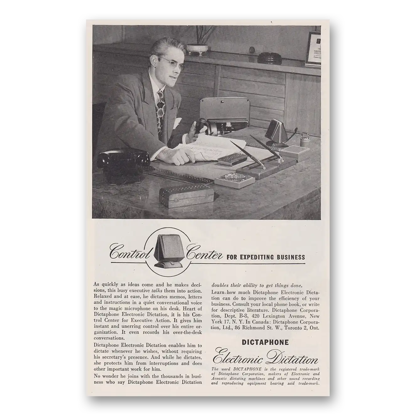 1946 Dictaphone Control Center for Expediting Business Vintage Magazine Print Ad